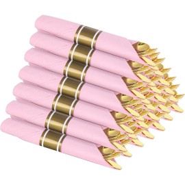 Supernal Gold Plastic Silverware Set with Pre Rolled Pink Napkin-Disposable Cutlery with Pink Linen Napkin Gold, Wrapped Plastic Silverware Heavy Duty Suit for Birthdays, Parties, Weddings 30Packs