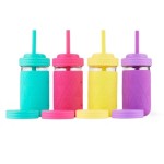 Elk and Friends Kids + Toddler Glass Cups | The Original 12oz Glass Mason Jar with Sleeves + Lids | Silicone Straws + Stopper | Smoothie Cup | Food Storage | Spill Resistant | Dishwasher Safe | 4 Pack