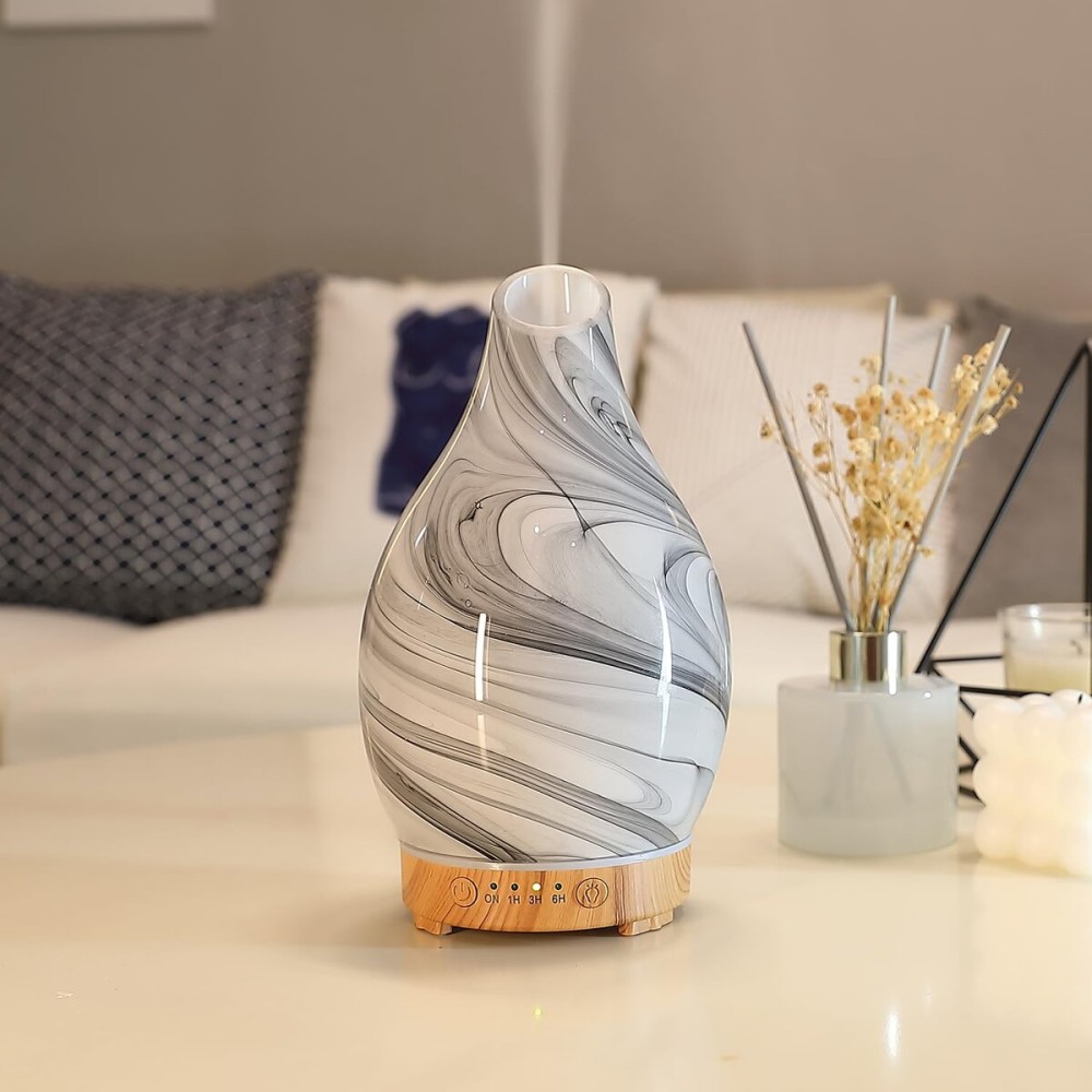 Essential Oil Diffuser, Art Glass Ultrasonic Aromatherapy Diffuser for Home 160ml with Intermittent Mist & LED 7 Colorful Changing Night Light for Bedroom-Ink Dyeing Time