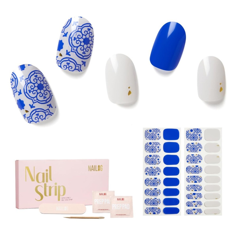NAILOG Semi Cured Gel Strips - 34 Pcs Nail Stickers Buy 2 Get 1 UV Light | Long Lasting Wraps With Glossy Gel Finish Blue, Cerulean Porcelain