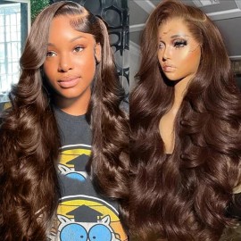 26 Inch Chocolate brown Lace Front Wig Human Hair 13x6 HD Transparent Body Wave Lace Front WigsPre Plucked Glueless Frontal Brown Wig Human Hair 200% Density Colored 4 Human Hair Wigs