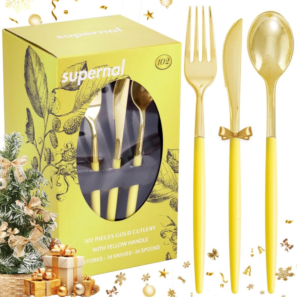 Supernal 102Pcs Gold Plastic Silverware, Gold Disposable Utensils with Yellow Handle, Yellow Plastic Silverware Heavy Duty Include 34 Forks, 34 Knives and 34 Spoons Perfect for Party, Mother\'s Day