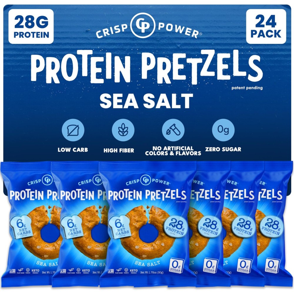 Crisp Power High Protein Pretzels, Sea Salt, High Protein Snack, 28G Protein, Low Carb, Crunchy, No Added Sugar, Keto-Friendly Snack, 1.75 oz Bags, 24 Pack, Vegan, Plant-Based, Keto