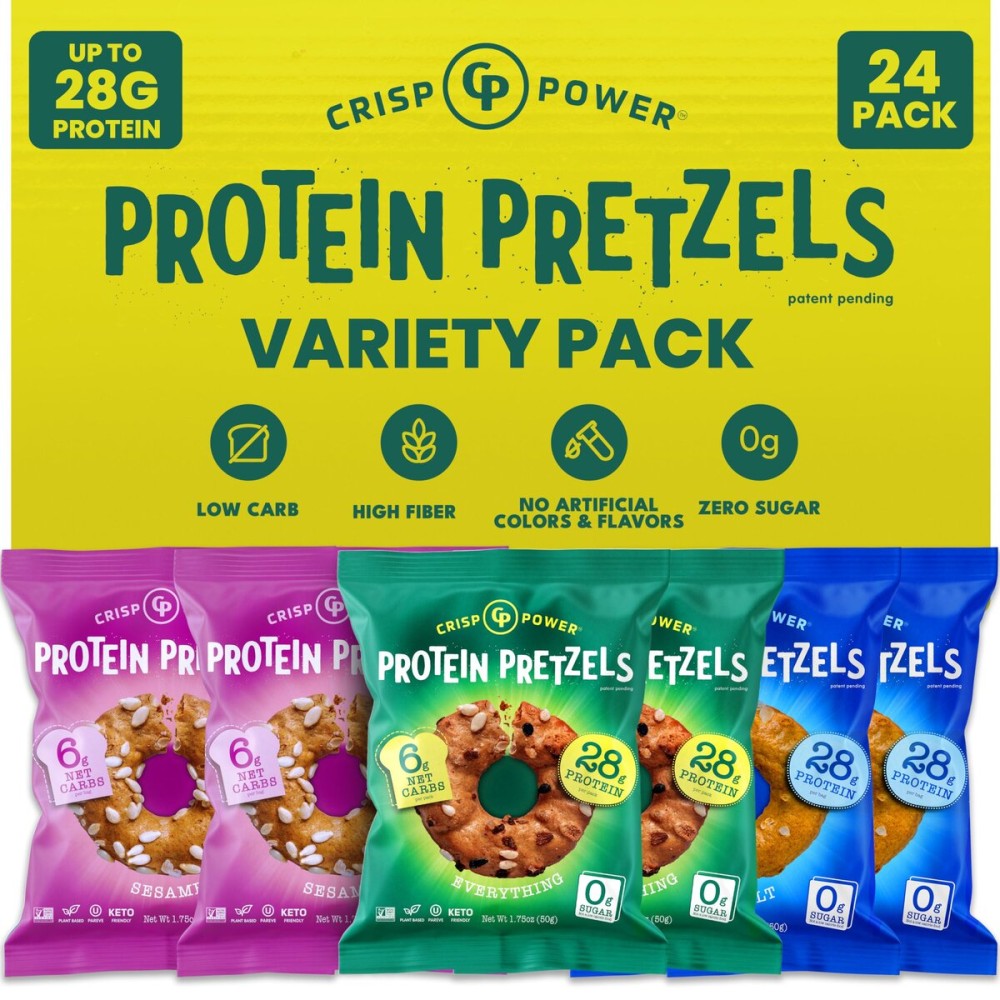 Crisp Power Protein Pretzels, Variety Pack With Sea Salt, Sesame, & Everything, High Protein Snack, Up To 28G Protein Per Bag, Low Carb Crunchy Pretzel Snacks, No Added Sugar, No Seed Oils, 1.75 Oz Bags, 24 Pack, Vegan, Plant-Based, Keto