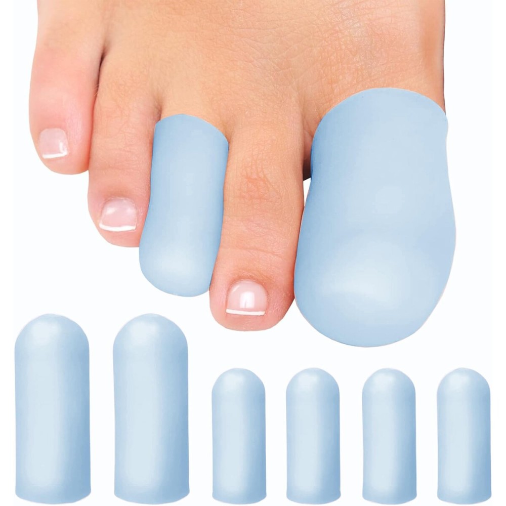 Soft Gel Toe Caps with Healing Coconut Oil - 6 Reusable Small & Big Toe Protectors for Ingrown or Missing Toenails, Corns, Calluses & Blister Relief