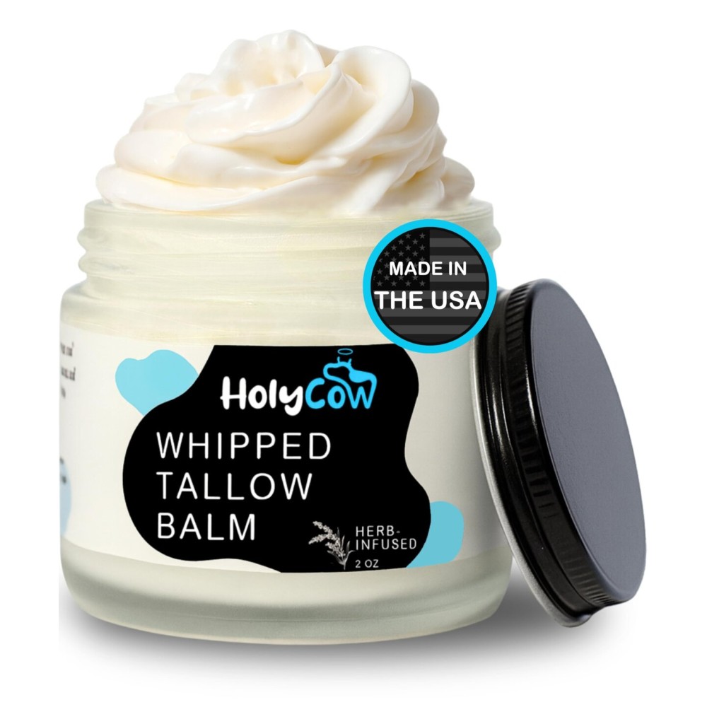 HolyCow Beef Tallow For Skin - Whipped Tallow Balm with Organic Jojoba Oil (Unscented/Herb-Infused), Grass Fed Beef Tallow Face Moisturizer for Eczema, Baby, Lip Balm - Lotion For Extremely Dry Skin