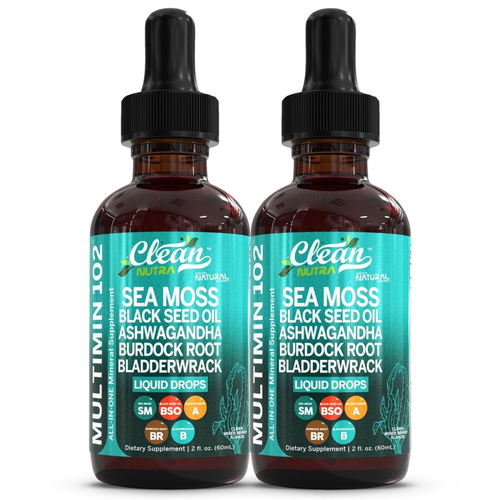 Clean Nutraceuticals Sea Moss Drops Supplement Liquid with Black Seed Oil Ashwagandha Burdock Root & Bladderwrack - Multimineral Organic Non-GMO Vegan for Gut Heath Skin Immune Support Hair (2)