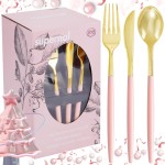 Supernal 102Pcs Pink Plastic Silverware, Gold Disposable Utensils with Pink Handle, Elegant Gold Plastic Silverware Set Includes 34 Forks, 34 Spoons and 34 Knives for Party & Wedding, Mother\'s Day