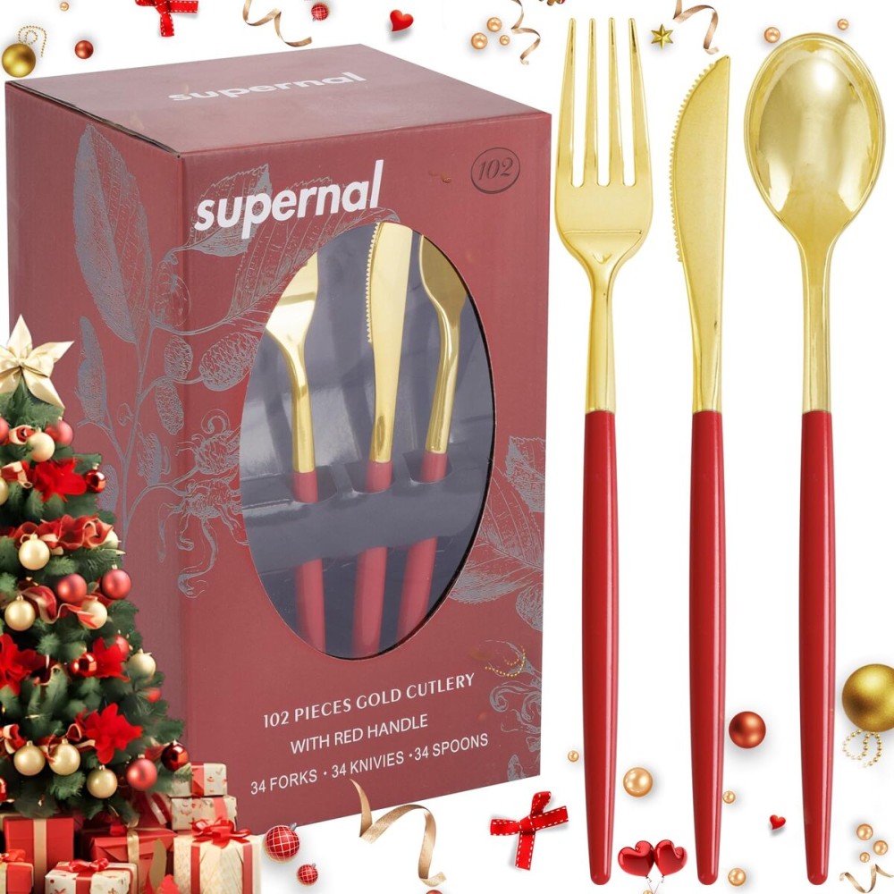 Supernal 102PCS Red Plastic Silverware, Gold Plastic Utensils with Red Handle, Gold Disposable Utensils Heavy Duty Includes 34 Forks, 34 Spoons and 34 Knives prefect for party, wedding & Mother\'s day
