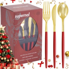 Supernal 102PCS Red Plastic Silverware, Gold Plastic Utensils with Red Handle, Gold Disposable Utensils Heavy Duty Includes 34 Forks, 34 Spoons and 34 Knives prefect for party, wedding & Mother\'s day