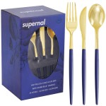 Supernal 102Pcs Dark Blue Plastic Silverware, Gold Plastic Cutlery with Dark Blue Handle, Gold Disposable Utensils Includes 34 Forks, 34 Spoons and 34 Knives for Mother\'s Day, Wedding, Theme Banquet