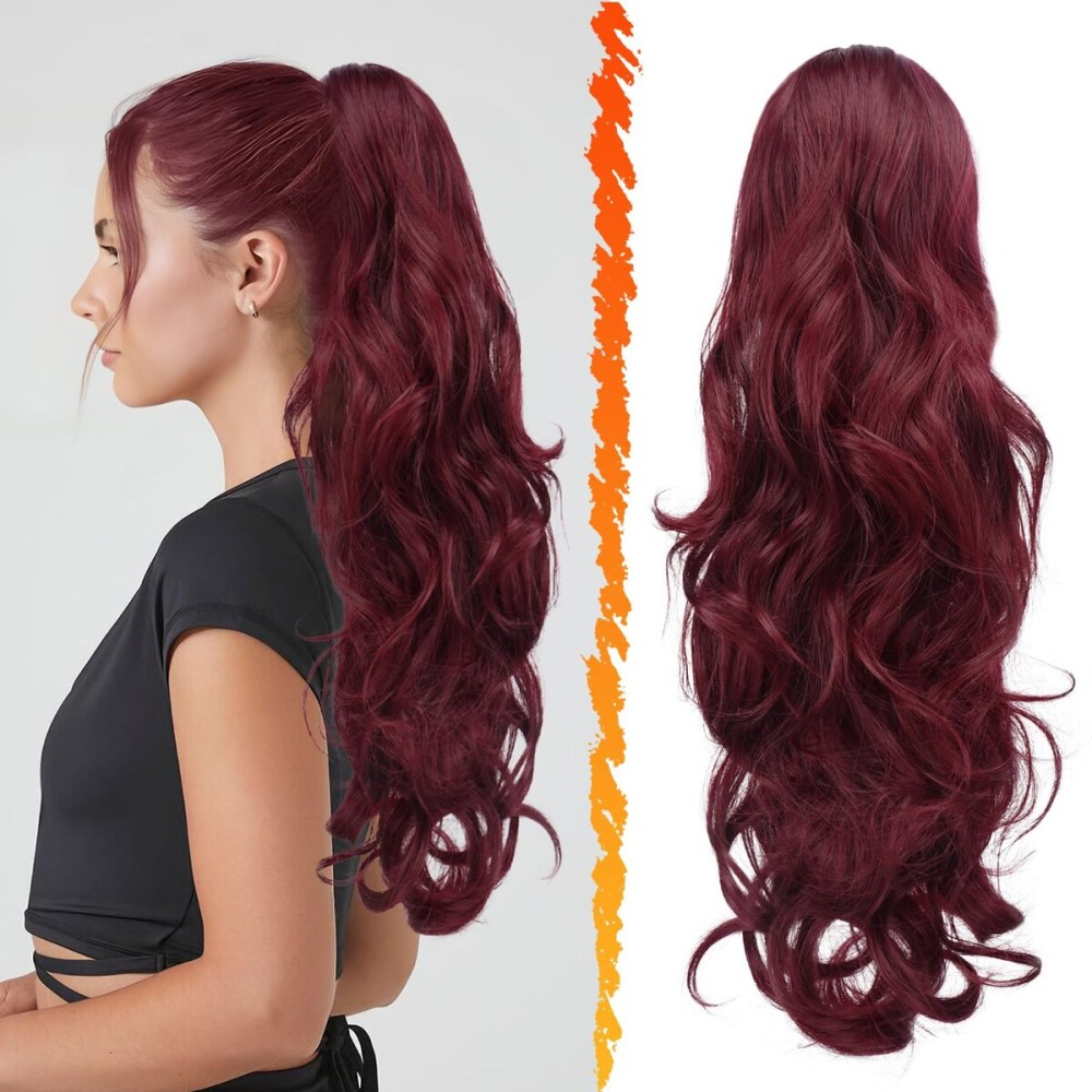 BARSDAR Red Ponytail Extension - 20 Inch Wavy Drawstring Ponytail Hair Extensions for Women - Curly Wavy Synthetic Clip in Fake Pony Tails Hairpieces Daily Party - Burgundy