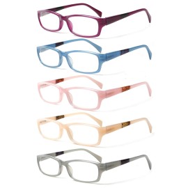 Kerecsen Reading Glasses 5 Pairs Fashion Ladies Readers Spring Hinge with Pattern Print Eyeglasses for Women (Mix Color -9, 4.00)