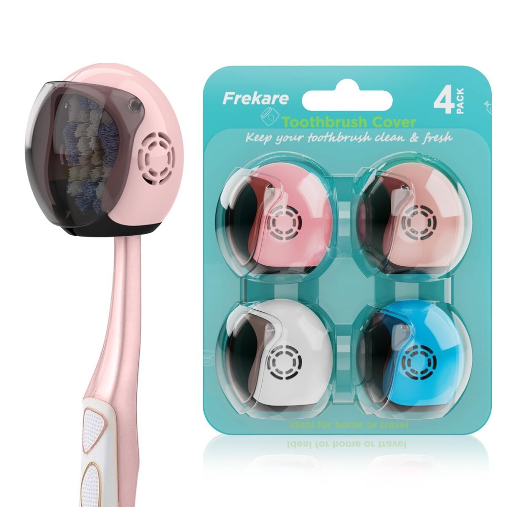 Frekare Helmet Toothbrush Covers Caps, Toothbrush Head Protector for Household Travel, Fits Most Manual and Electric Toothbrushes, 4 Count (Blue, White, Pink, Rose Pink)