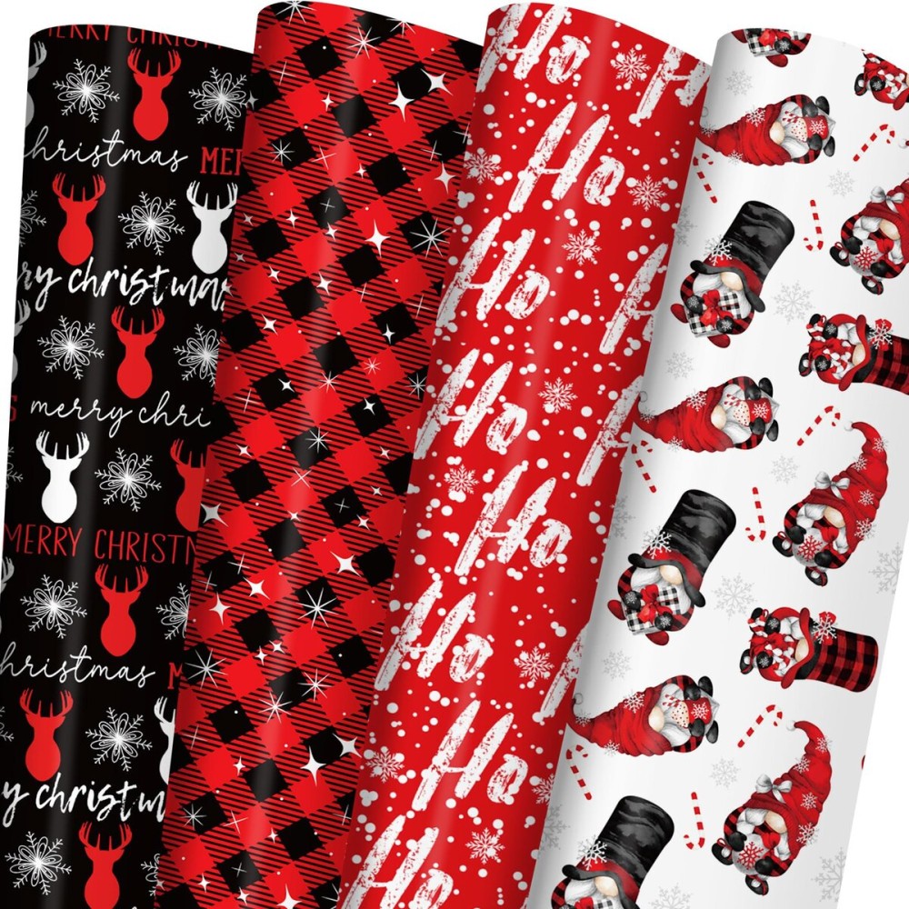ZINTBIAL Christmas Wrapping Paper for Kids Adults - Xmas Wrapping Paper with Red/Black Plaid, Reindeer, Gnome, Ho Ho Words - 28 x 40 Inches, 6 Jumbo Sheets, Easy to Store