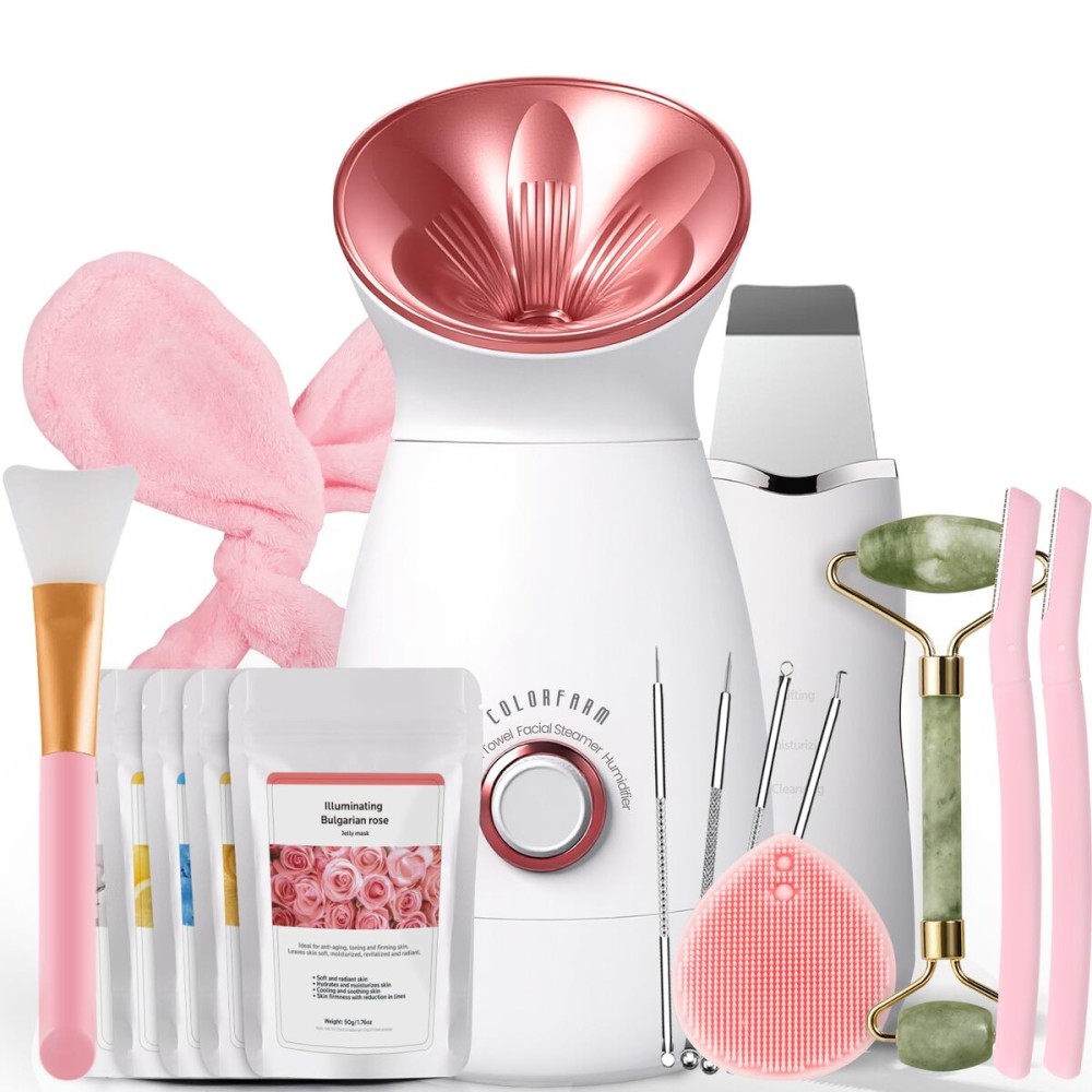 Colorfarm Facial Steamer Nano Ionic: Large 3-in-1 Face Steamer Home Spa Kit Deep Cleaning Unclogs Pores Sinuses Inhaler with 8 Skin Care Tools - Self Care Gifts for Women (Deep Cleansing Facial Kit)