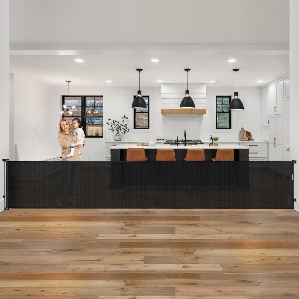 185 Inch Extra Long Baby Gates for Large Openings, Retractable Baby Gates Extra Wide Retractable Dog Gate Outdoor Retractable Gate Indoor Extra Large Dog Gate, Mesh Gates for Kids Or Pets, Black