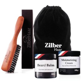 ZilberHaar - Beard Care Kit for Men - 1 Regular Beard Brush + 1 Beard Balm + 1 Moisturizing Cream - Stiff Boar Bristles and Beech Wood - Short to Medium Length Beards - Supplied in a Velvet Bag