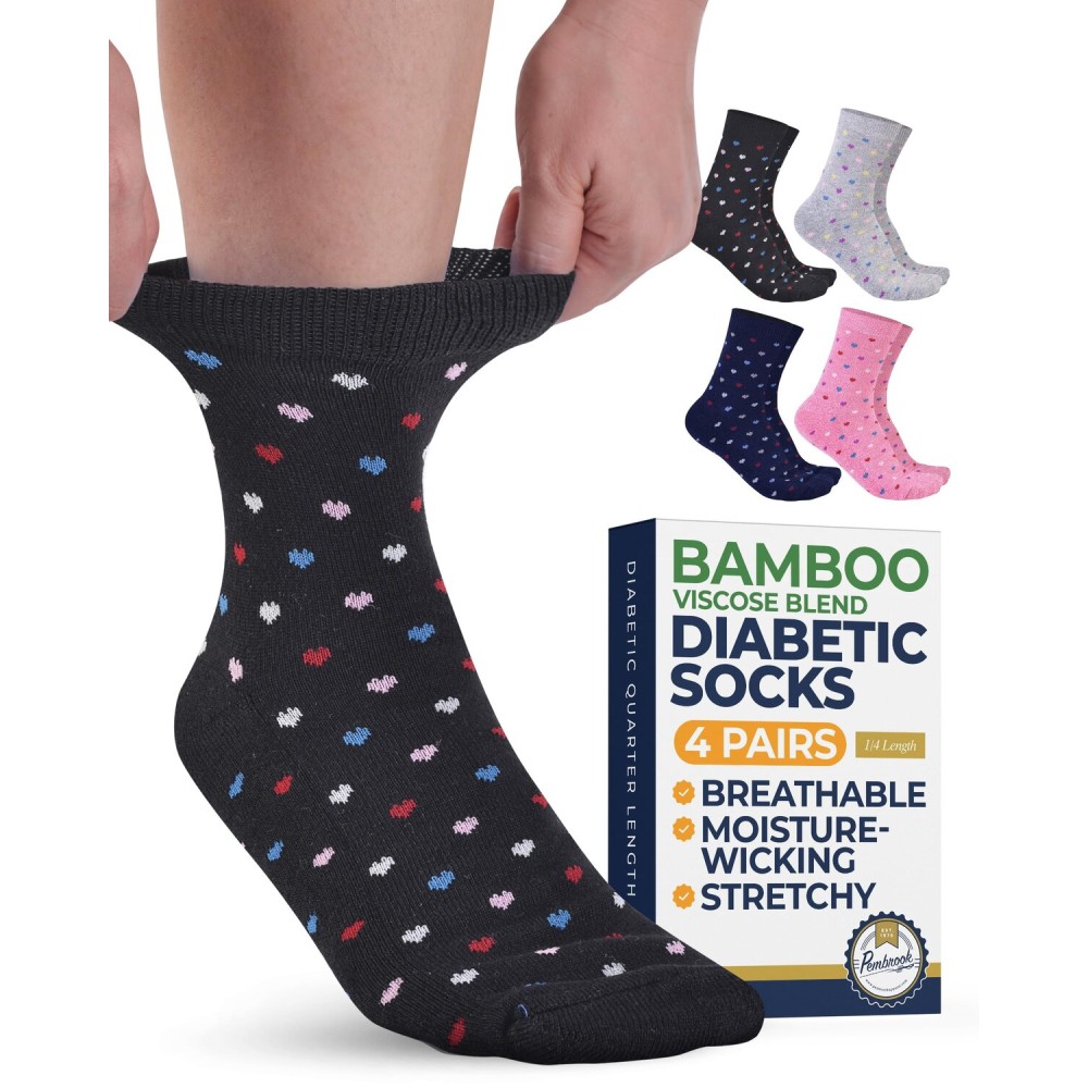 Pembrook Ankle Diabetic Socks for Women & Men - 4 Pairs Bamboo Viscose Moisture-Wicking, Non Binding, Wide Top Diabetic Ankle Socks for Women, Hearts (Black, Gray, Navy, Pink)