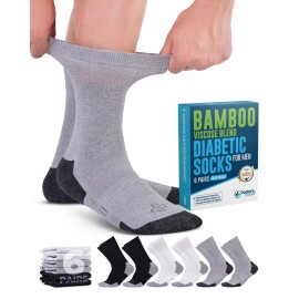 Doctor\'s Select Bamboo Viscose Diabetic Socks for Men - 6 Pairs Crew Mens Diabetic Socks | Moisture Wicking Diabetic Neuropathy Socks for Men | Black, White, Grey