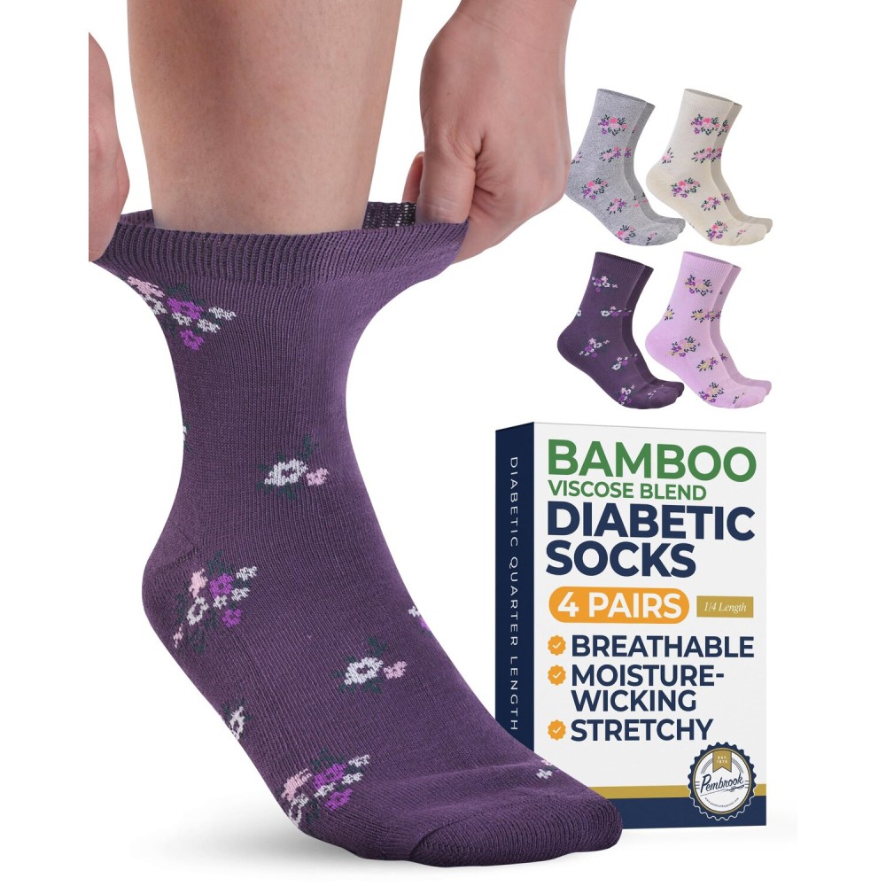 Pembrook Ankle Diabetic Socks for Women & Men - 4 Pairs Flowers (Dark Purple, Yellow, Pink, Gray), Moisture-Wicking, Wide Top, Quarter Non Binding Socks