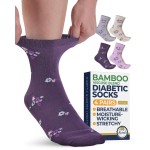 Pembrook Ankle Diabetic Socks for Women & Men - 4 Pairs Flowers (Dark Purple, Yellow, Pink, Gray), Moisture-Wicking, Wide Top, Quarter Non Binding Socks