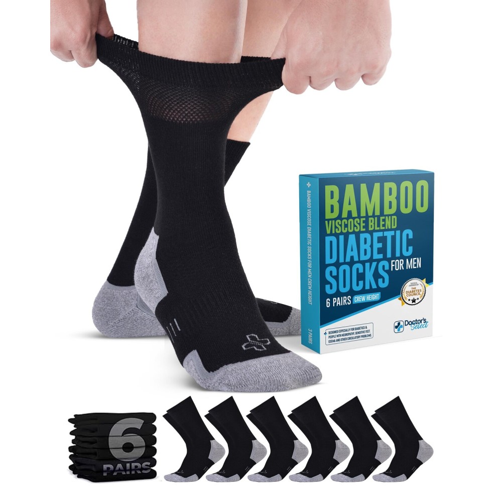 Doctor\'s Select Bamboo Viscose Black Diabetic Socks for Men - 6 Pairs Crew Stretch Top Mens Diabetic Socks | Moisture Wicking Diabetic Neuropathy Socks for Men | Black
