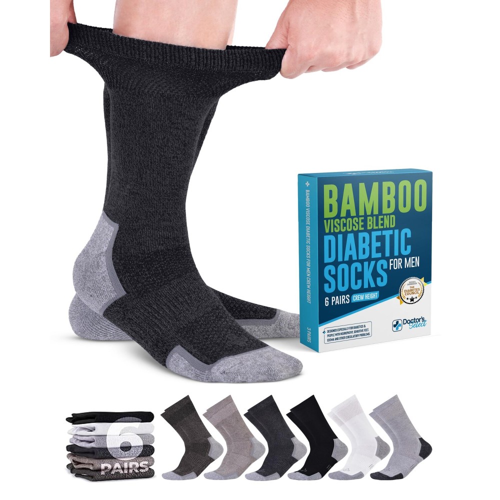 Doctor\'s Select Diabetic Socks for Men - 6 Pairs Crew Mens Diabetic Socks | Diabetic Neuropathy Socks for Men | Black, White, Grey, Dark Grey, Light Brown, Brown