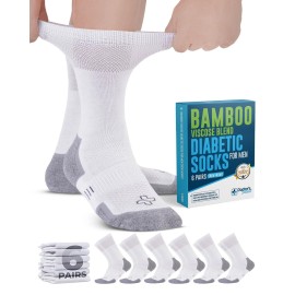 Doctor\'s Select White Bamboo Viscose Diabetic Socks for Men - 6 Pairs Crew Diabetic Neuropathy Socks for Men | White