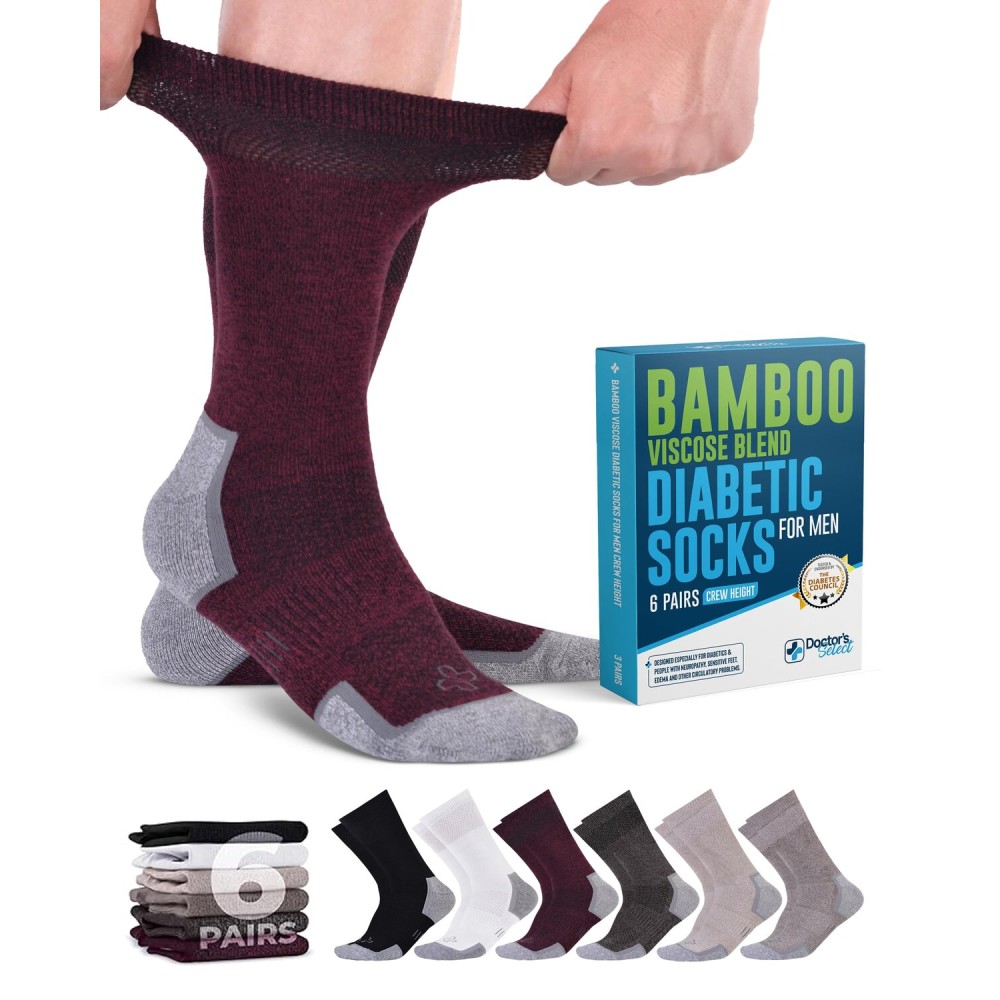 Doctor\'s Select Bamboo Viscose Diabetic Socks for Men - 6 Pairs Crew Mens Diabetic Socks | Neuropathy Socks for Men| Black, White, Tan, Light Brown, Brown, Maroon