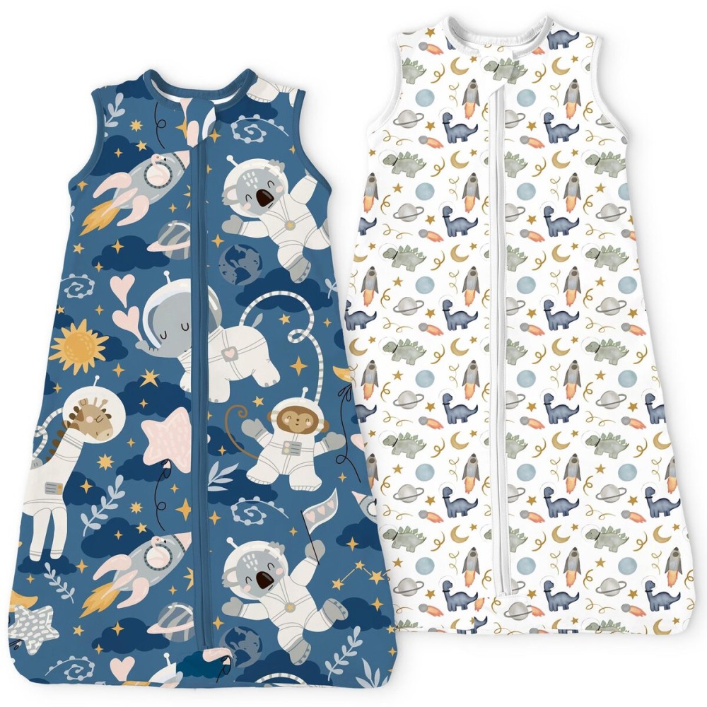 TOTBASIC Sleep Sack 6-15 Months, Summer Light Baby Wearable Blanket with 2-way Zippers, Premium Soft Breathable Sleeping Bag for 6-12-15 Months Baby, 2 Pack(Animal Spaces)