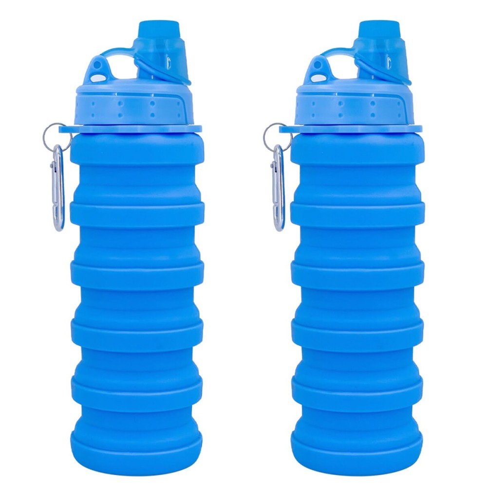 YCTMALL Collapsible Water Bottles Two Pack Travel Sports Portable Sport Water Bottle comes with mountaineering Buckle 500ml silicone Water-proof camping water bottle (Blue and Blue Color)