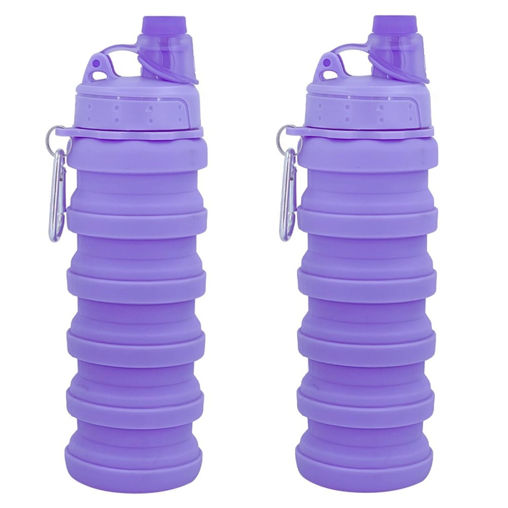 YCTMALL Collapsible Water Bottles Two Pack Travel Sports Portable Sport Water Bottle comes with mountaineering Buckle 500ml silicone Water-proof camping water bottle (Purple and Purple Color)