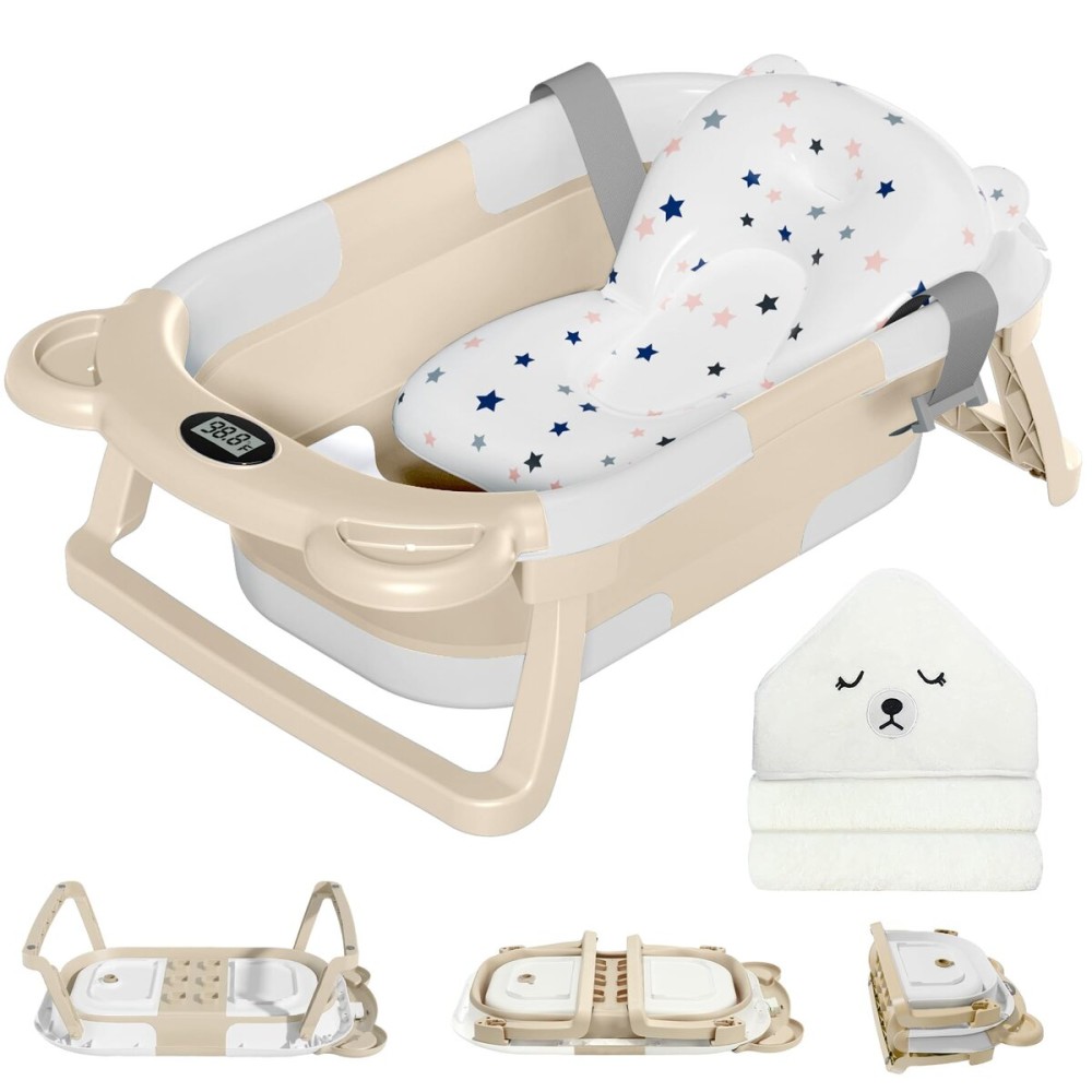 MoreFeel Collapsible Baby Bathtub for Newborn with Thermometer & 1 Hooded Towel & 1 Soft Floating Cushion,Portable Travel Bathtub with Drain Hole, Durable Foldable Baby Tubs for Infants to Toddler