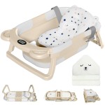 MoreFeel Collapsible Baby Bathtub for Newborn with Thermometer & 1 Hooded Towel & 1 Soft Floating Cushion,Portable Travel Bathtub with Drain Hole, Durable Foldable Baby Tubs for Infants to Toddler