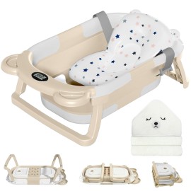 MoreFeel Collapsible Baby Bathtub for Newborn with Thermometer & 1 Hooded Towel & 1 Soft Floating Cushion,Portable Travel Bathtub with Drain Hole, Durable Foldable Baby Tubs for Infants to Toddler