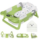 MoreFeel Collapsible Baby Bathtub for Newborn with Thermometer & 1 Hooded Towel & 1 Soft Floating Cushion,Portable Travel Bathtub with Drain Hole, Durable Foldable Baby Tubs for Infants to Toddler