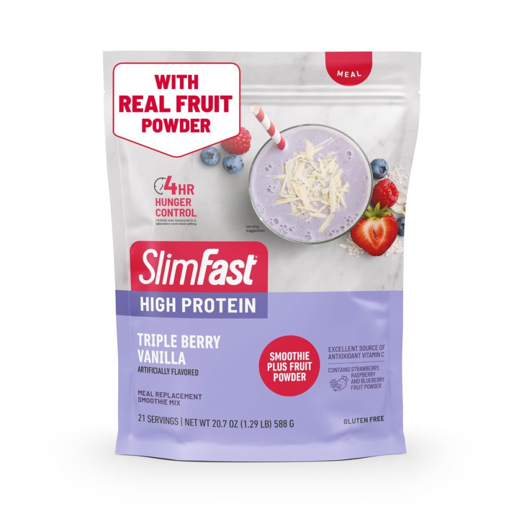 SlimFast High Protein Smoothie Mix Plus Fruit Powder, High Protein Meal Replacement Powder, Fiber, Vitamin C, 21 Servings, 1.29 Pounds, Triple Berry Vanilla (Packaging May Vary)