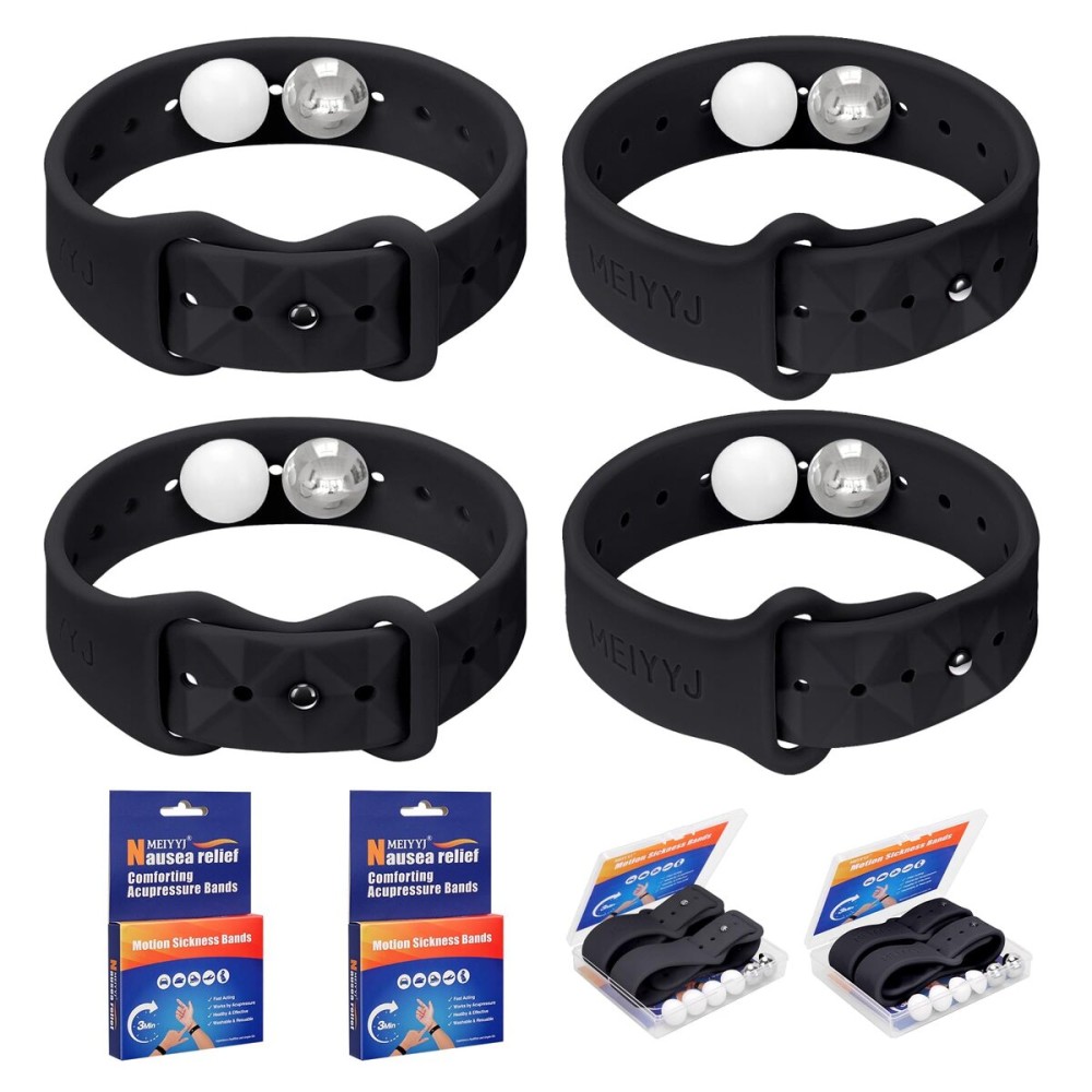 MEIYYJ Motion Sickness Bands for Adults and Kids Sea Wristbands for Cruise Travel Wristband, Natural Relief WristbandsSea Bands for Pregnancy Women (2 Pairs Black)
