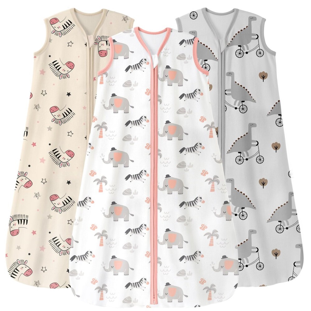 Unnivoll Baby Sleep Sack 12-18 Months 3 Pack 100% Cotton Lightweight 0.5 TOG Wearable Blanket Baby Sleep Bag with 2-Way Zipper for Newborn Infant Pink Apricot Gray Zebra