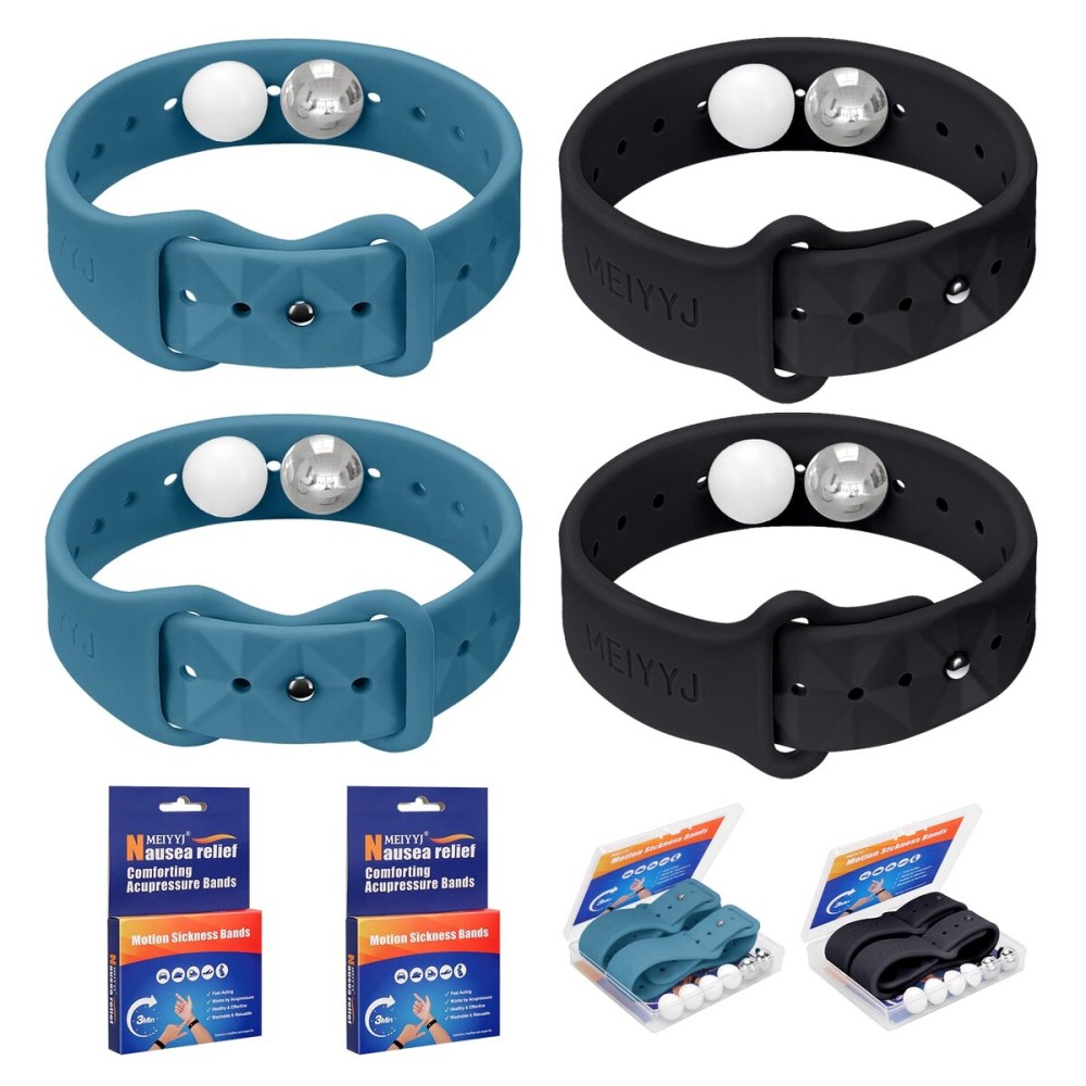 MEIYYJ Motion Sickness Bands for Adults and Kids Sea Wristbands for Cruise Travel Wristband, Natural Relief WristbandsSea Bands for Pregnancy Women(1Pair Black+1Pair Blue)