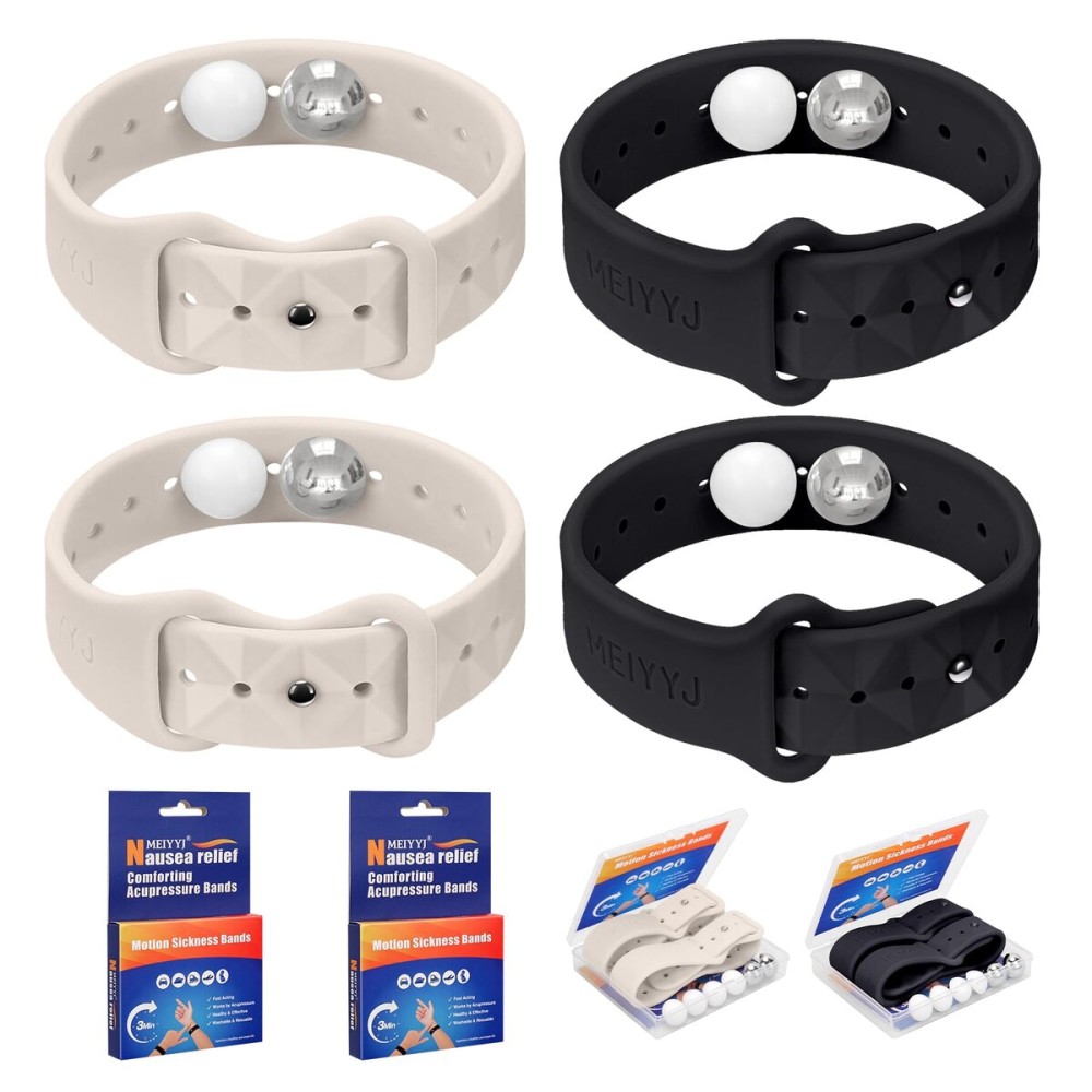 MEIYYJ Motion Sickness Bands for Adults and Kids Sea Wristbands for Cruise Travel Wristband, Natural Relief WristbandsSea Bands for Pregnancy Women(1 Pair Black+1Pair Star Light)