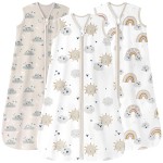 Unnivoll Baby Sleep Sack 6-12 Months 0.5 Tog Wearable Blanket Baby, 3 Pack 100% Cotton Lightweight Sleeping Sack with 2-Way Zipper for Newborn Infant Apricot White Sun Clouds