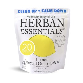 Herban Essentials - Lemon Wipes & Towelettes - Essential Oil Wipes for Make Up, Hands, Face & Body - Travel Size Essentials & Toiletries - Natural, Individually Wrapped, Disposable & Moist (20 count)
