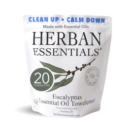 Herban Essentials - Eucalyptus Wipes & Towelettes - Essential Oil Wipes for Hands & Body - Travel Size Essentials and Toiletries - Natural, Individually Wrapped, Disposable & Moist Refresh (20 count)