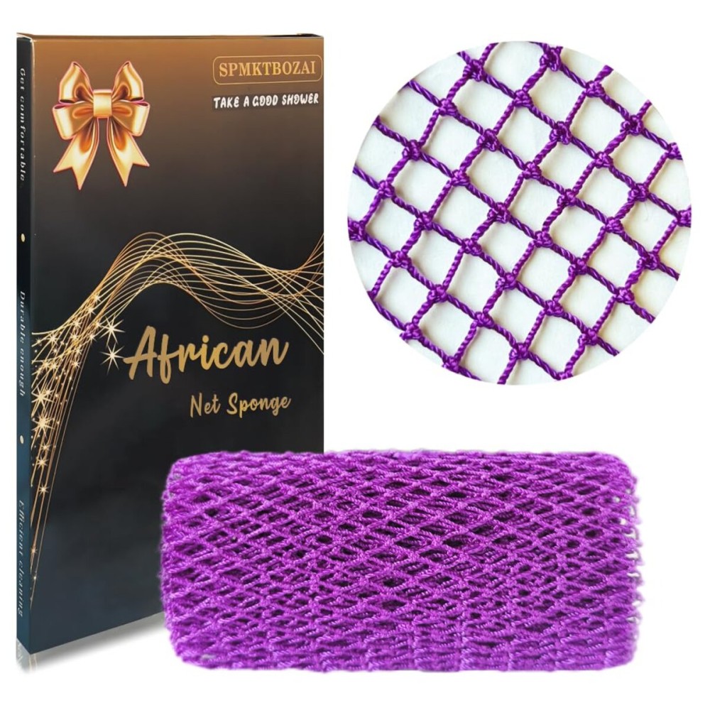 SPMKTBOZAI African Net Sponge Authentic, African Exfoliating Sponge Real African Net Black Owned, African Bath Sponge Back Scrubber, Body Exfoliator Shower Bath Accessories (Purple)