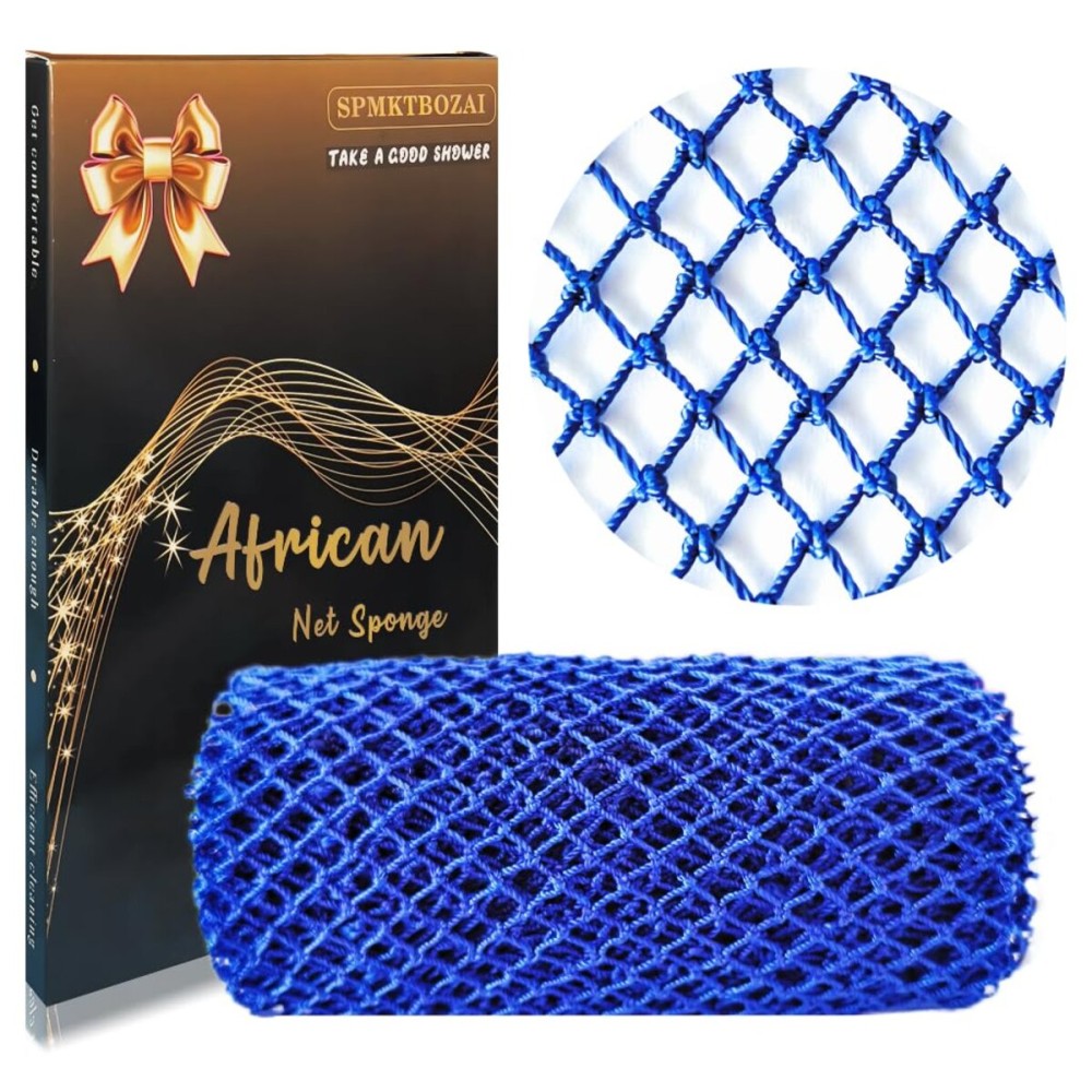 SPMKTBOZAI African Net Sponge Authentic, African Exfoliating Sponge Real African Net Black Owned, African Bath Sponge Back Scrubber, Body Exfoliator Shower Bath Accessories (Blue)