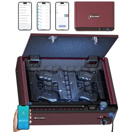 BILLCONCH Smart Gun Safe with Security Cable - Biometric Gun Safe for Handgun 4 Ways Quick Access with Fingerprint/Keypad/Key/APP Lock for Bedside Home Car with LCD/Voice Guide - Burgundy Red