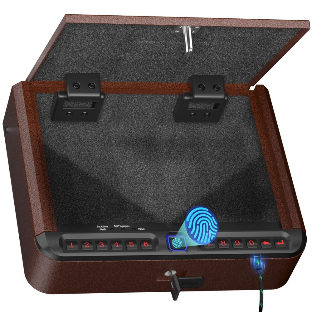 BILLCONCH Gun Safe for Handgun - Biometric Pistol Safe 4 Ways Quick Access with Fingerprint/Full-digital Keypad/Key/APP Lock and Security Cable for Nightstand Bedside Home - Antique Bronze
