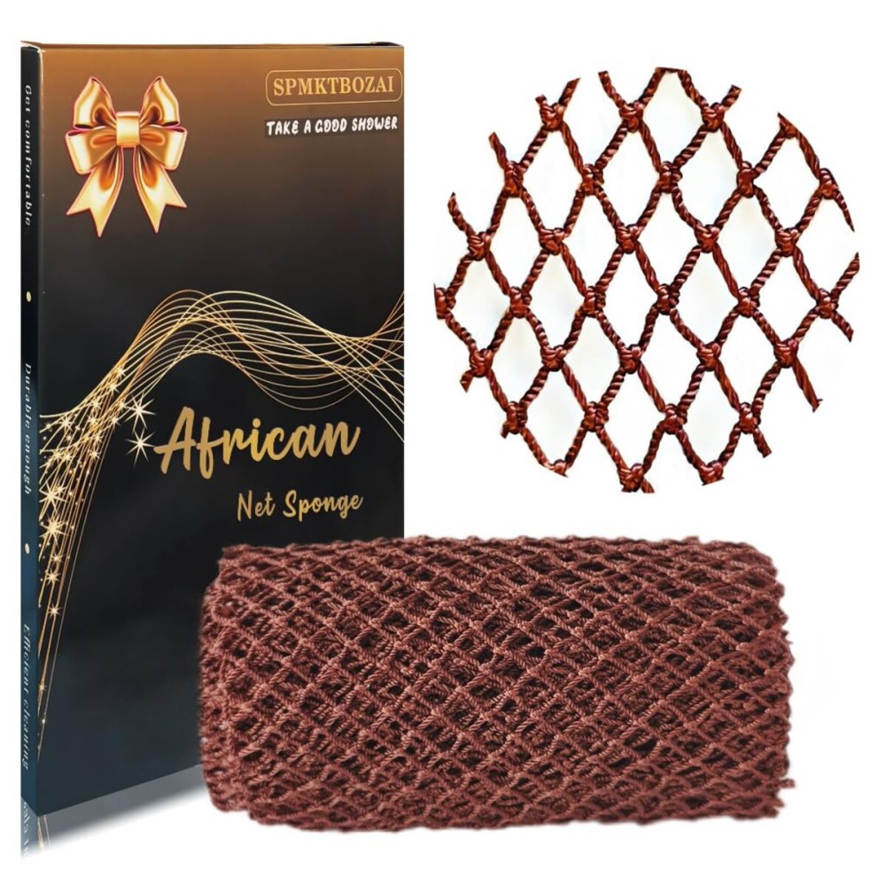 SPMKTBOZAI African Net Sponge Authentic, African Exfoliating Sponge Real African Net Black Owned, African Bath Sponge Back Scrubber, Body Exfoliator Shower Bath Accessories (Brown)